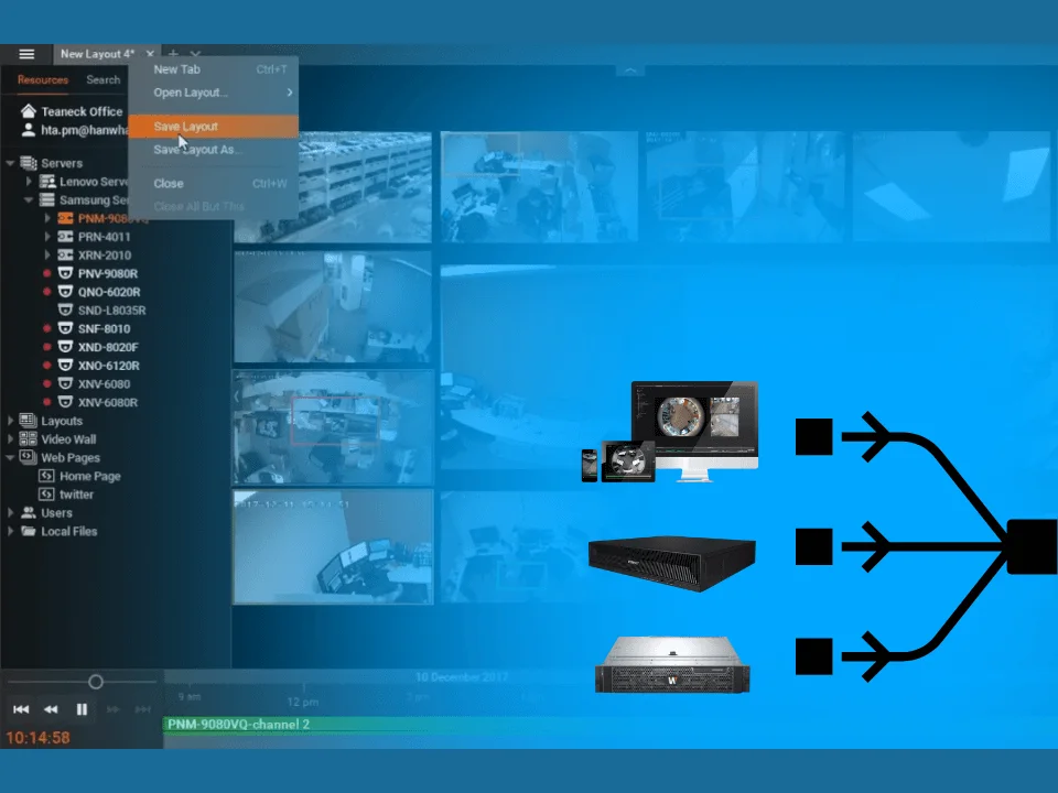 The Nx Witness client with servers, cameras and layouts