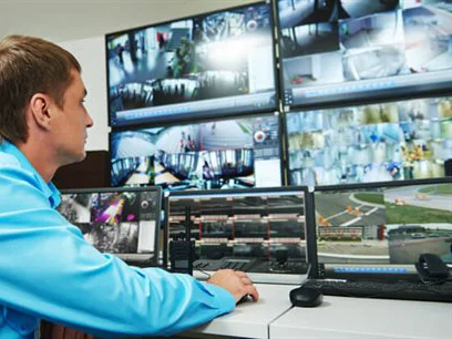 Operator bekijkt camerabeelden op meerdere schermen